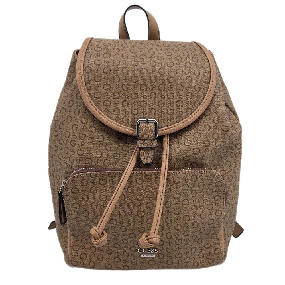 Guess Tan and Brown Logo Backpack | Classic Style, Medium Size